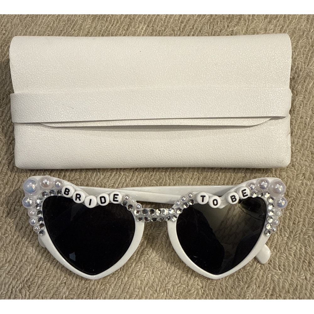 BRIDE TO BE HEART SHAPE SUNGLASSES, WHITE BEADS, BRIDE WEDDING -POLARIZED & CASE